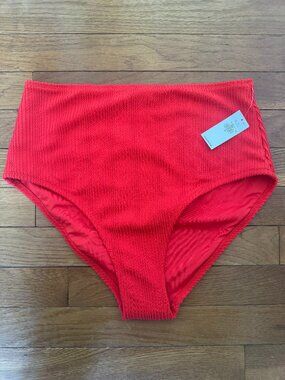 High-Waisted Ribbed Bikini Swim Bottoms. Red (Amaryllis)